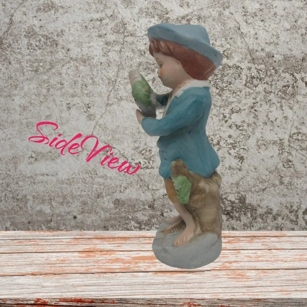 Vintage Barefoot Boy Holding Grapes Figurine Blue Hat Blue Coat 6 1/2 inches